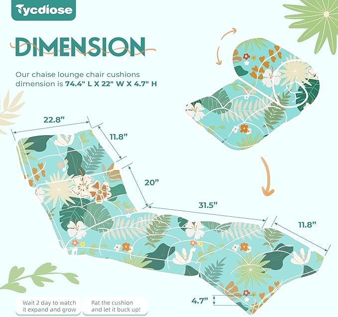 Outdoor Chaise Lounge Chair Cushion Waterproof 74.4 x 22 x 4.7 Inches Thickened Memory Foam Patio Lounge Chair Cushions Replacement for Outdoor Furniture with Ties, Cyan Floral Leaf