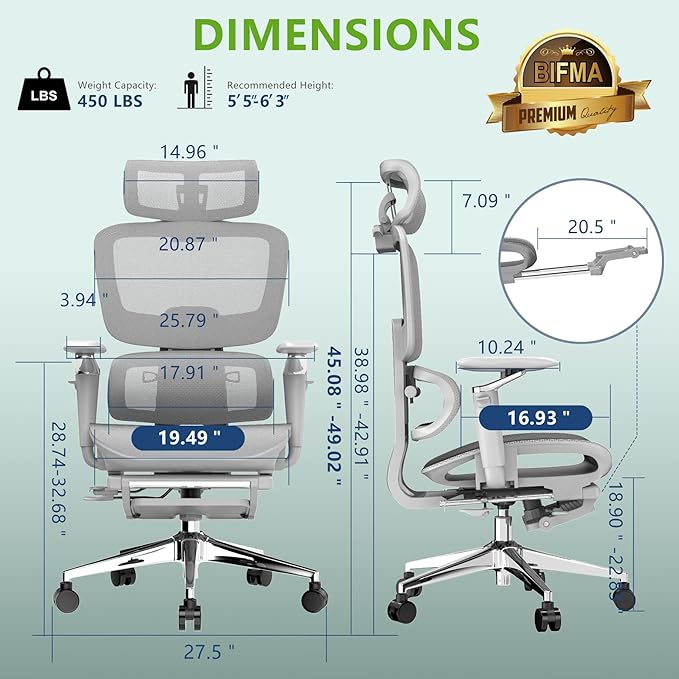 2Pack Ergonomic Office Chair with Footrest,High Back Mesh Desk Chair,Lumbar Support & 90-135°Recline,3D Headrest & 6D Armrests,Swivel Computer Chair for Home Office, Work & Gaming