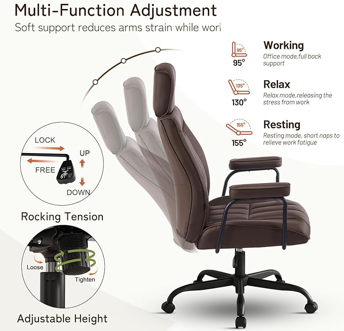 Furniliving Leather Office Chair with Adjustable Headrest, Mid-Century Modern High-Back Office Desk Chair, Ergonomic Computer Chair with Wheels, Armrests, Lumbar Support, Dark Brown