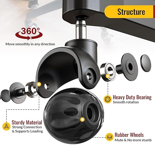HOLKIE Office Chair Wheels Replacement 11x22mm Universal Fit 2 Inch Rubber Heavy Duty Casters for Carpet Hardwood Floors Gaming Desk Chair Roller Wheels Set of 5 Black Ball Casters Smooth & Silent