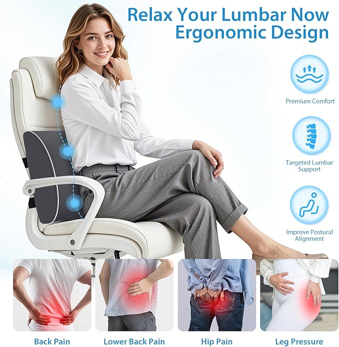 SweetSlubr Lumbar Support Pillow for Office Chair, Car Seats and Home Desks, Ergonomic Back Support with Double Adjustable Straps, Machine Washable Cover, Grey