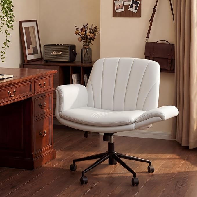 Dowinx Criss Cross Chair with Five-Level Adjustable Arms and Wheels - Comfortable Ergonomic PU Leather Swivel Vanity Chair - Computer Makeup Gaming Chair for Home Office, Bedroom, Vanity Room (Beide)