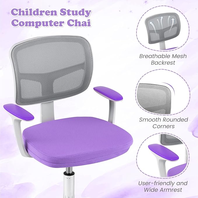 Giantex Kids Desk Chair, Ergonomic Adjustable Teen Task Chair w/Y-Shaped Lumbar Support, Armrest & Universal Wheels, Mesh Kid Office Chair for Sturdy, Kids Computer Chair for Boys Girls 4-12, Purple