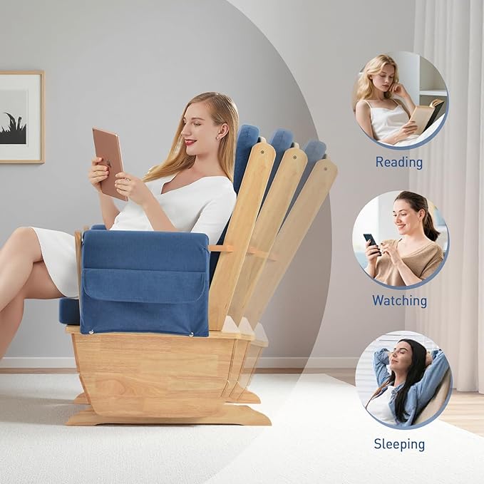 Modern Glider Rocker with Padded Cushion, Solid Wood Glider Gentle Rocking Chair, Soft Skin-Friendly Three Proof Fabric, Water Oil Resistant,Smooth Rocking Motion Indoor Living Room, Blue