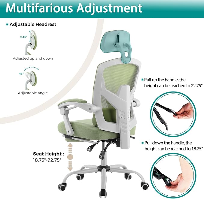 DUMOS Office Desk Chair with Footrest Ergonomic Gaming Chair for Adults Computer Mesh, Lumbar Support,Swivel Reclining with Headrest, Comfy Armrest for Home, Office, Work, Study, Light Green
