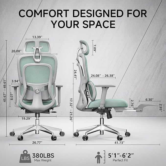 Ergonomic Office Chair with Footrest, 4D Armrests & Dynamic Lumbar Support, High Back Mesh Desk Chair with Adjustable Headrest, Reclining Computer Chair 380lbs for Long Hours (Green)