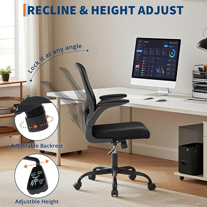 Premium Ergonomic High-Back Mesh Office Chair - Adjustable Height, Flip-Up Armrests & Lumbar Support - Comfy Swivel Seat for Home, Gaming & Work - Black Net