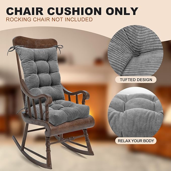 Lokex Rocking Chair Cushion Only,Tufted Non-Slip Comfortable Rocking Chair Cushions Indoor with Ties,Striped Rocking Chair Pads (Gray-S2064-19, 21x17/17x17)