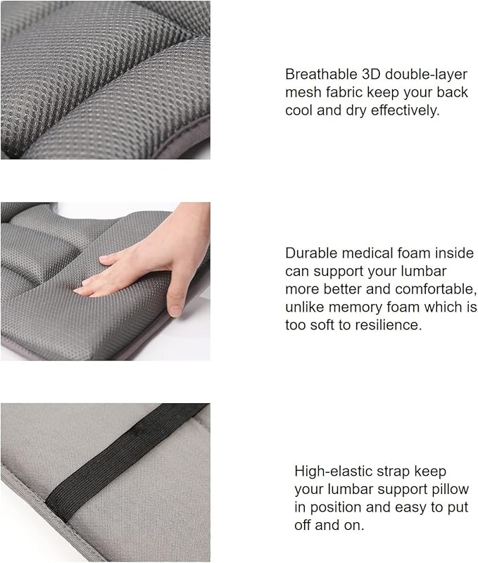 Lumbar Support Pillow for Car, Ergonomic Design with 5 Sections Ideal for Long Driving, Breathable 3D Mesh Cover and Elastic Strap