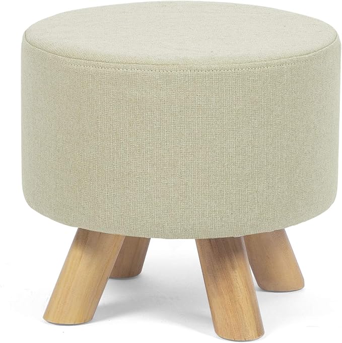 Homebeez Round Ottoman Foot Rest Stool, Small Fabric Footstool with Non-Skid Wood Legs, Beige