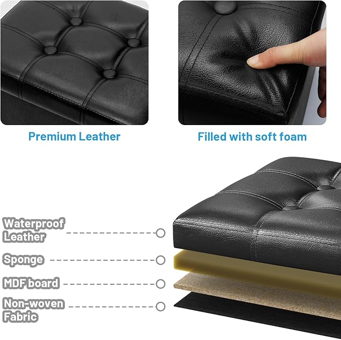 Bsketa Storage Ottoman Foot Rest Stool, Small Leather Storage Ottomans Bench, Folding Footstool with Side Pockets, Foot Rest Under Desk for Living Room Bedroom, 15x15x15 in, Black