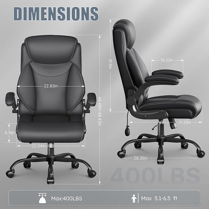 Ergonomic Office Chair, Home Desk Computer Chair, High Back Executive Chair- Padded Leather Comfy Chair with Adjustable Lumbar Support & Flip-Up Arms, Rocking Swivel Chair for Home Office,Black