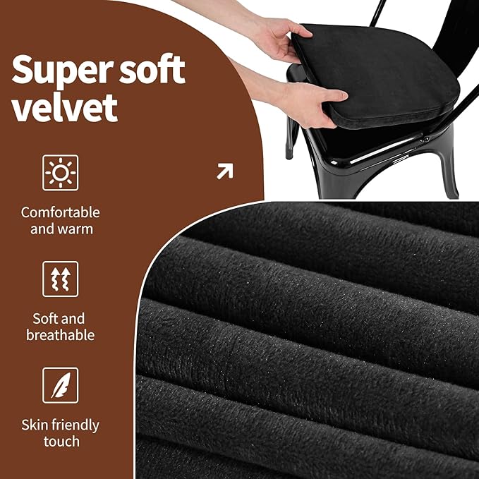 SINOSSO Kitchen Magnetic Metal Chair Cushions Set of 4, 14" Luxury Velvet Memory Foam Seat Pads for Cafe Stackable Chair (U-Shape, Black, 4)