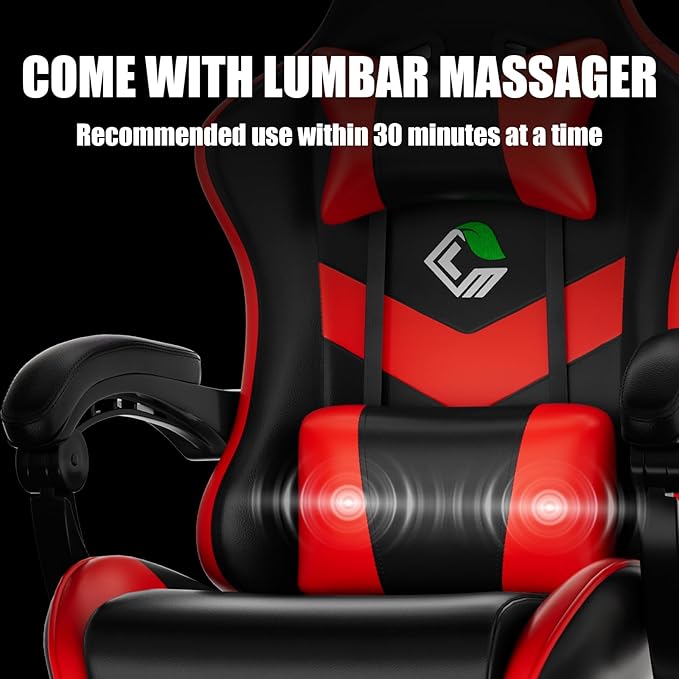 Czlolo Gaming Chair, Ergonomic Office Computer Chair with Footrest and Lumbar Support Massager Racing Style High Back Video Gamer Chair, Wide＆Thick Cushion, 90°-135° Recline, Adjustable Height, Red