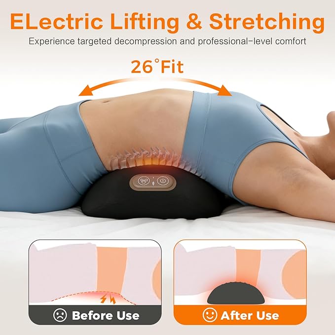 3-in-1 Electric Lumbar Support Pillow for Bed and Chair, Triple Fusion Back Massager with Heat, Vibration & Traction, Designed for Lower Back Comfort and Spine Support