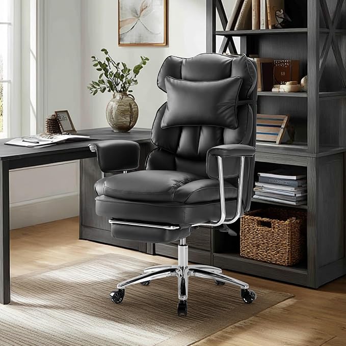 Sweetcrispy Executive Home Office Desk Chair - Ergonomic Big Tall High Back with Footrest & Lumbar Support, Reclining Height Adjustable, Comfy PU Leather Computer Gaming with Swivel Wheels, Black