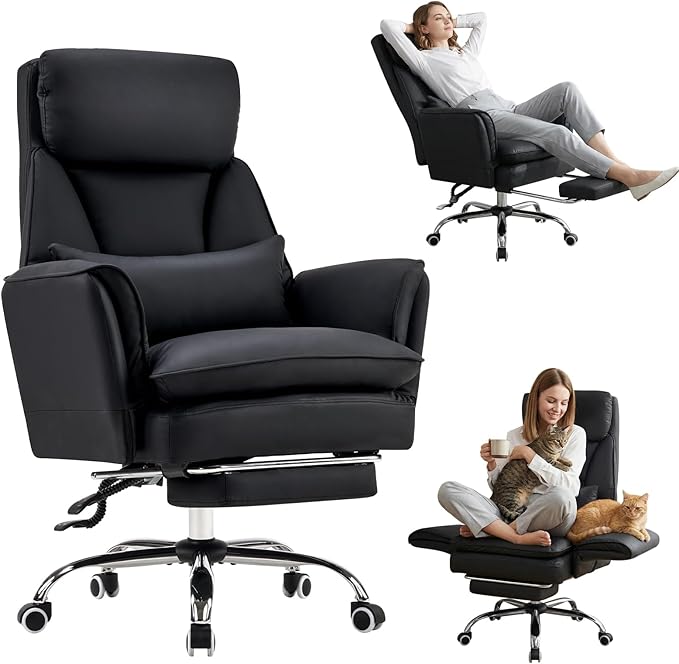 Furniliving Big and Tall Office Chair, Ergonomic Computer Desk Chair with Footrest, Wide Seat Reclining Gaming Chair, Flip Armrests for Cross Legged Sitting, Heavy Duty Support up to 400LBS, PU, Black