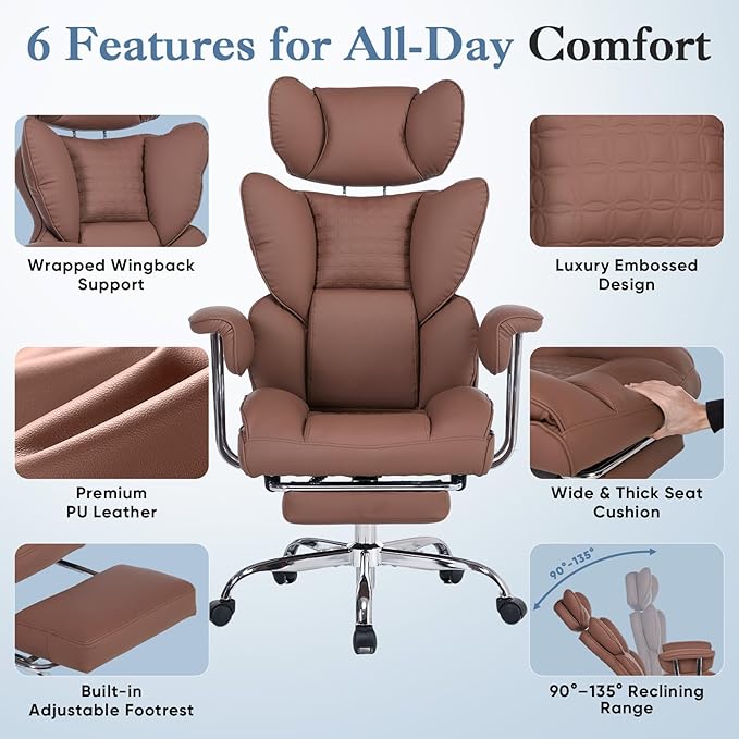 DUMOS Big and Tall Office Chair 350 LBS, Scratch-Resistant PU Leather Executive Office Desk Chair with Footrest, Ergonomic Reclining Computer Chair with Pocket Spring Support for Home Office, Brown