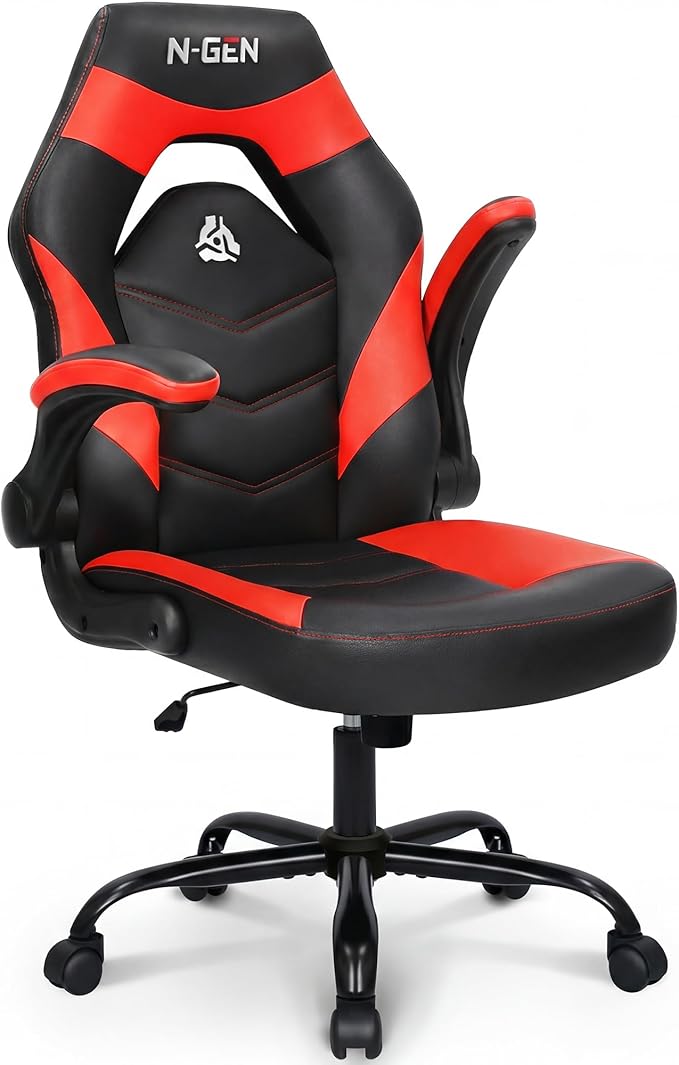 N-GEN Video Gaming Chair Ergonomic Computer Desk Office Chair with Lumbar Support Adjustable Height Swivel Wheels Flip-Up Arms PU Leather Home and Office (Classic Red)