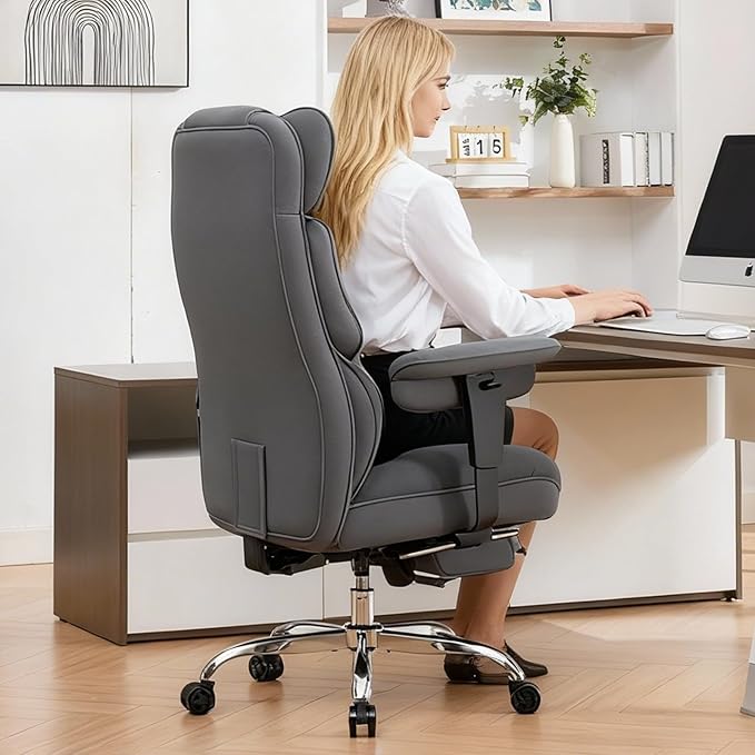 Efomao Big and Tall Office Chair with Footrest, 350lbs Heavy Duty Desk Chair, Extra Wide High Back Executive Office Chair for Long Hours, Reclining Home Office Chair with Breathable Fabric, Blue Grey