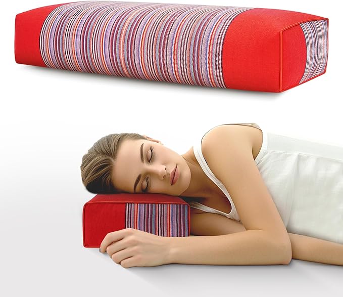 Adjustable Organic Buckwheat Pillow for Neck Pain Relief - Natural Cooling Cervical Support Bed Pillow for Side & Back Sleepers with Night Sweats (21x8x4 Red)