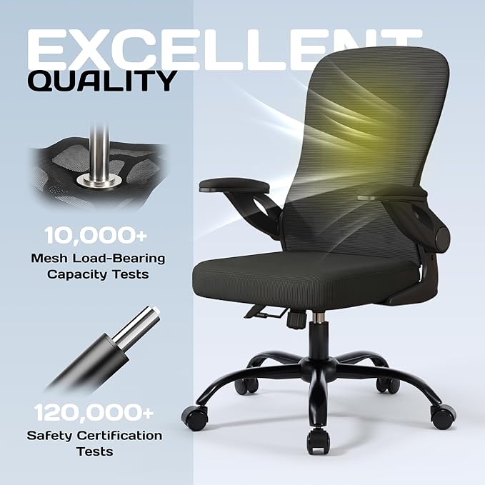 Ergonomic Office Chair, 300 lbs Heavy Duty Mesh Computer Chair with Adjustable Lumbar Support, 90° Flip-up Arms Space Saving Desk Chair, Mid Back Breathable Task Chair for Home Office, Black
