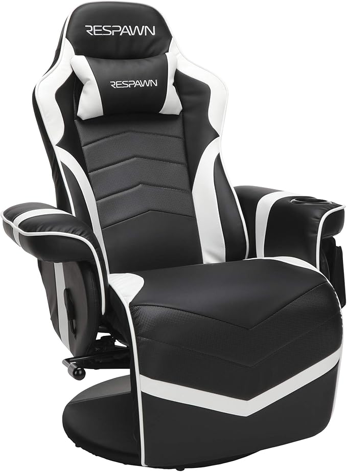 RESPAWN 900 Console Gaming Recliner with Footrest and Lumbar Support - Comfortable Ergonomic Gaming Chair with Headrest, No Wheels, Reclining, Heavy Duty, Racing Style Video Game Chairs - White