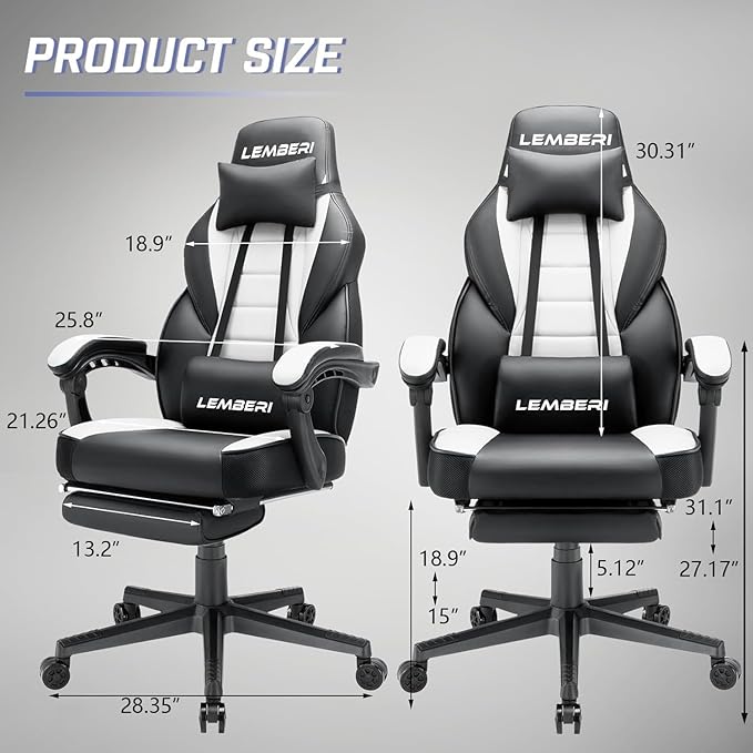 LEMBERI Gaming Chairs with Footrest,Ergonomic Video Game Chairs for Adults,Big and Tall Gaming Chair 400lb Weight Capacity, Racing Style Gaming Computer Gamer Chair with Headrest and Lumbar Support