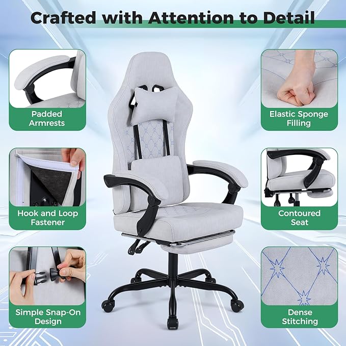 Goplus Gaming Chair, Ergonomic Office Chair with Foot Rest, Lumbar Support, Linkage Armrests, Detachable Headrest, 360°Swivel Computer Chair w/Adjustable Backrest & Height, 330 lbs Capacity (Grey)