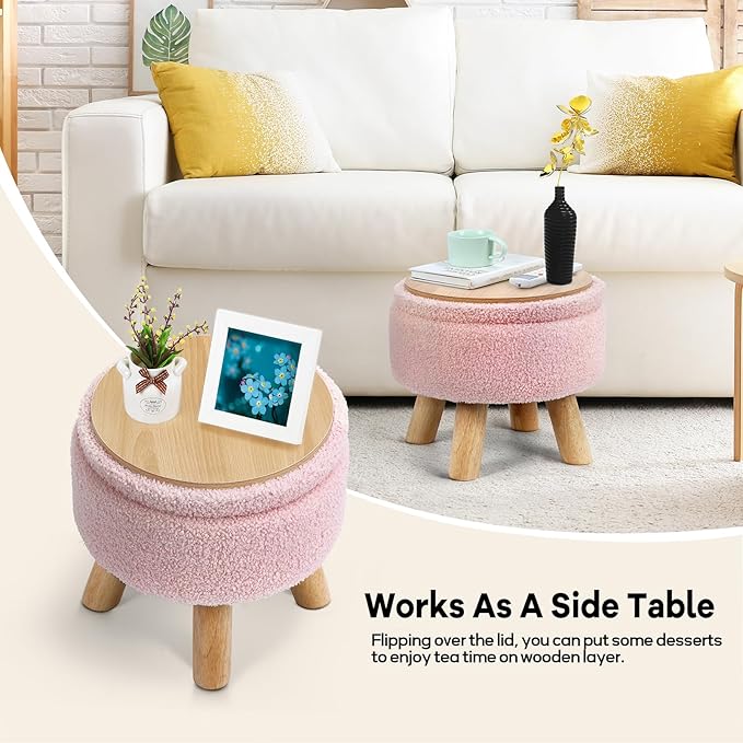 OGEMXU Ottoman Foot Rest, Small Round Ottoman with Storage, Boucle Teddy Velvet Footstool with Wood Legs, Soft Sponge Storage Ottoman for Living Room, Bedroom, Couch, Enterway (Pink)