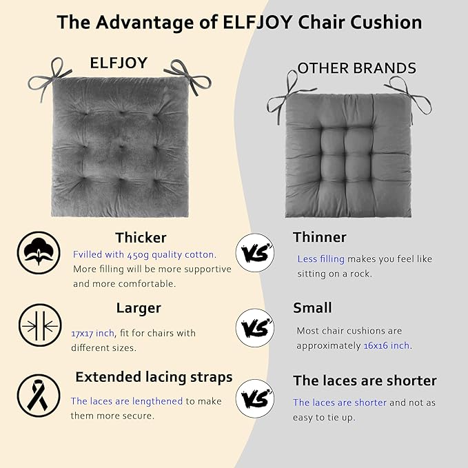 ELFJOY Rocking Chair Cushion Large Rocking Chair Pads with Ties Premium Tufted High Back and Seat Cushion 2 Piece Set Grey