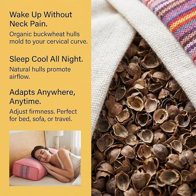 Buckwheat Pillow for Neck Pain Relief 21x8x4in Natural Cooling Cervical Support Adjustable Hull Pillow for Side and Back Sleepers with Night Sweats Organic Hypoallergenic (Light Red)