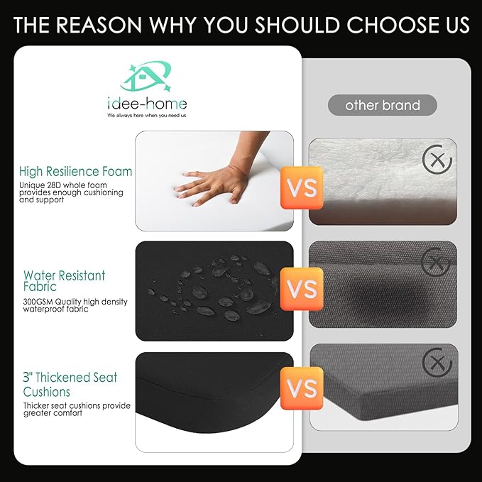 idee-home Outdoor Chair Cushions Set of 2, 19" x 19" Thick D-Shaped Patio Furniture Outdoor Seat Cushions Waterproof with Ties, Dining Pads