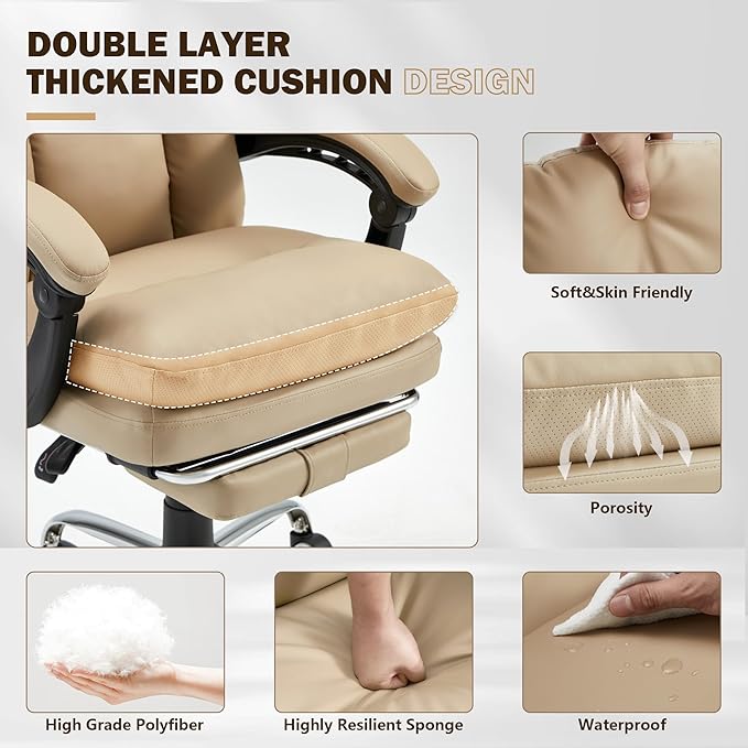 HOMREST Ergonomic Office Chair with 6-Point Massage & Heating, Adjustable Executive Desk Chairs, Retractable Footrest, Dual-Layer Soft Cushion, PU Leather, Khaki