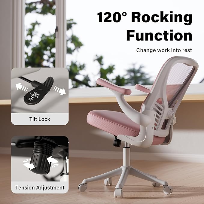 GYI Ergonomic Office Chair, Mesh Desk Chair with Adjustable Lumbar Support and 3D Flip-up Arms, Computer Chair with Wheels, Pink