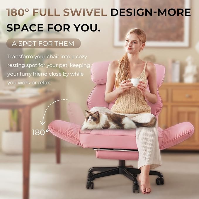 Dowinx Cross Legged Office Chair with Pivoting Armrests,Criss Cross Chair with Pocket Spring Seat & Back,Reclining Computer Gaming Chair with Footrest and Metal Base (Pink)