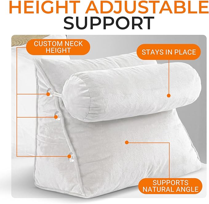 Cheer Collection Reading Wedge Pillow - Adjustable Wedge Reading Pillow with Neck Support, Hollow Fiber-Filled Backrest Pillow for Reading, Gaming, and TV Watching, White