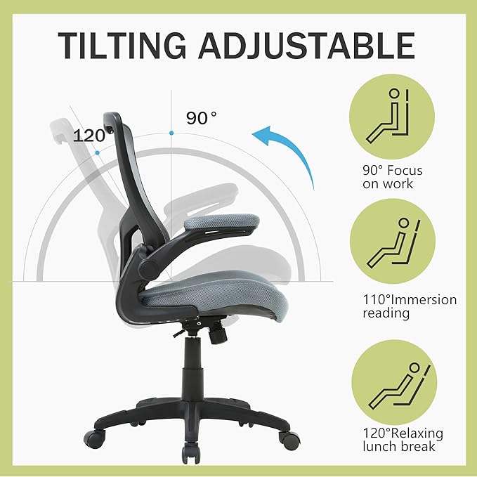 PayLessHere Office Chair Ergonomic Mesh Back Computer Chair Breathable Lumbar Supports Flip Up Armrest with Adjustable 360 Degree Desk Chair for Home Office Gaming (Grey)