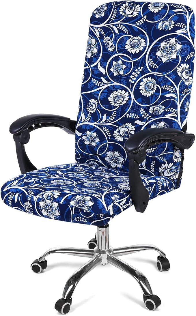 Smiry Stretch Printed Office Computer Chair Covers, Universal Desk Rotating Chair Slipcovers Removable Washable, Soft Fit Anti-Dust Spandex Protector Cover with Zipper, Navy Blue