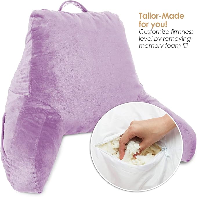Clara Clark Reading Pillow with Shredded Memory Foam for Sitting Up in Bed and Couch, Back and Arms Adjustable Support for Adults & Teens Backrest Pillows for Reading, with Washable Cover Lavender