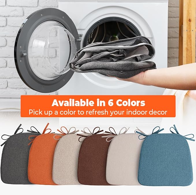 Sunsleek Chair Cushions for Dining Chairs, D-Shaped Seat Cushions with Removable Washable Cover and Ties, Chair Pads for Kitchen, Indoor Dining Room, Patio Chairs, 17'' x 16'', Set of 4, Dark Grey