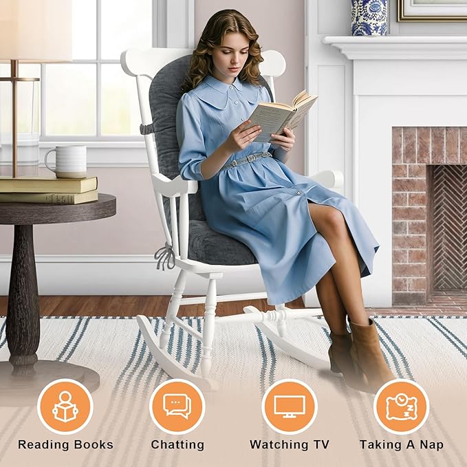 Rocking Chair Cushion - Chenille Fabric, High-Density Sponge, Durable Comfort Double-Sided Tufted Seat Pads with Ties, Chenille︱Dark Gray, 44x19x4 inch