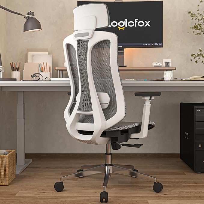 Logicfox Ergonomic Office Chair, High Back Mesh Desk Chair - Adjustable Lumbar Support & 3D Armrests, Swivel Computer Chair with Headrest, Tilt Lock & PU Wheels for Home Office, Long Hours Work