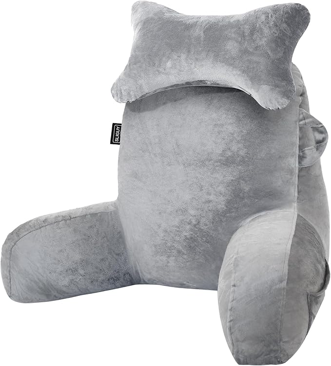 SLIGUY Reading Pillow for Sitting in Bed Couch Adult, Back Pillow with arm Support and Pockets, Adult Back Pillow Bed Chair for Bed Rest, Reading, Watching TV, Gaming for Boys and Girls Light Grey