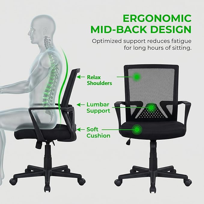Mesh Office Chair, Breathable Mid-Back Ergonomic Work Chair with Lumbar Support & High-Density Foam Seat, Black Mesh Chair for Home & Office