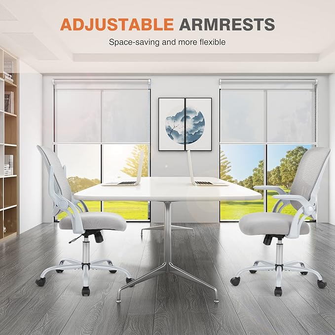 Sweetcrispy Home Office Managerial Executive Chair, Ergonomic Mesh Adjustable Swivel Mid-Back Chair with, Flip-up Arms, Comfortable Lumbar Support, Comfy Arms for Bedroom,Study,Student, Grey