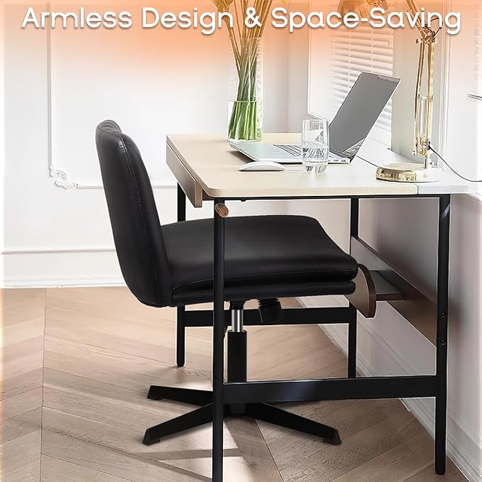 PUKAMI Criss Cross Chair,Comfy Cross Legged Office Desk Chair No Wheels,Modern Fabric Swivel Adjustable Height Mid Back Wide Seat for Home Office Computer (Pu Black)