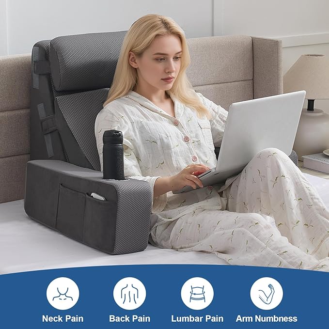 Reading Pillow for Sitting in Bed Adult, Back Pillow for Bed Sitting up with Arms, Pockets and Cup Holder, Sit Up Backrest Pillows for Beds Chair Support, Rest Pillow for Gaming