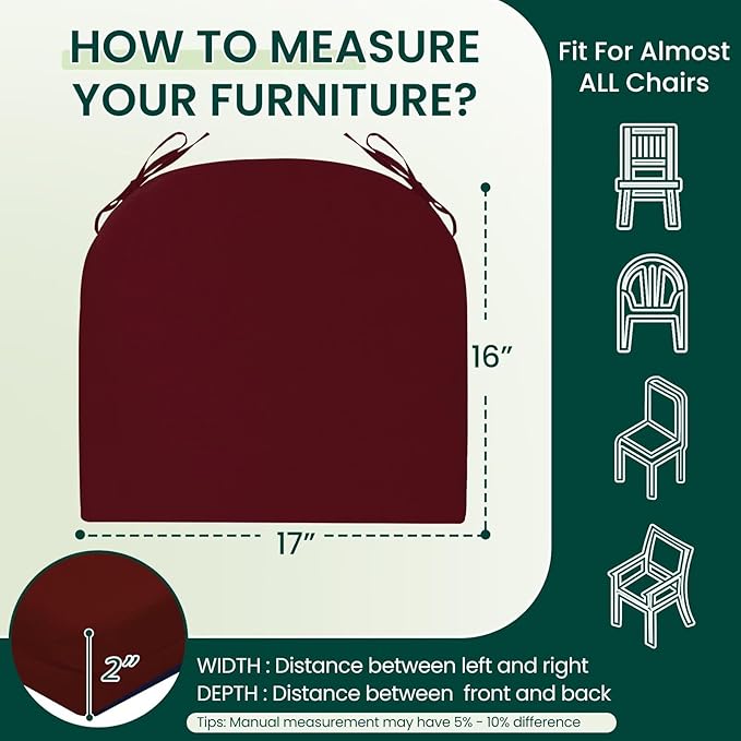 HARBOREST Outdoor Chair Cushions Set of 6, Water Resistant Patio Chair Cushions with Ties, Outdoor Seat Cushions for Patio Furniture, 17"x16"x2", Burgundy