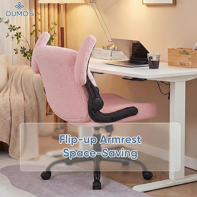DUMOS Criss Cross Home Office Chair with Wheels, Wide Cross Legged Desk Vanity Chair Comfy Fabric Flip-Up Armrests Adjustable Swivel Chairs for Home Computer Bedroom, Teddy Pink
